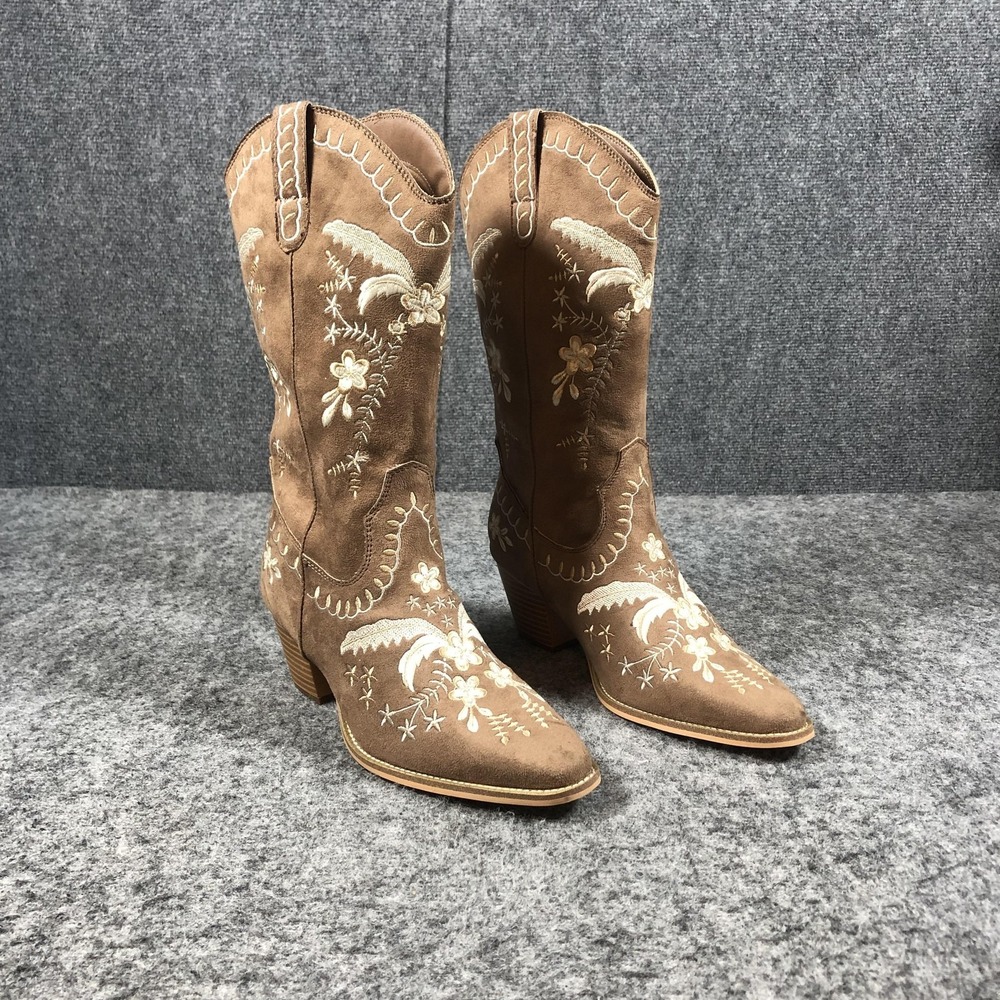 Glamorous Womens 9 W Brown Faux Suede Western Boots Embroidered Mid Calf
